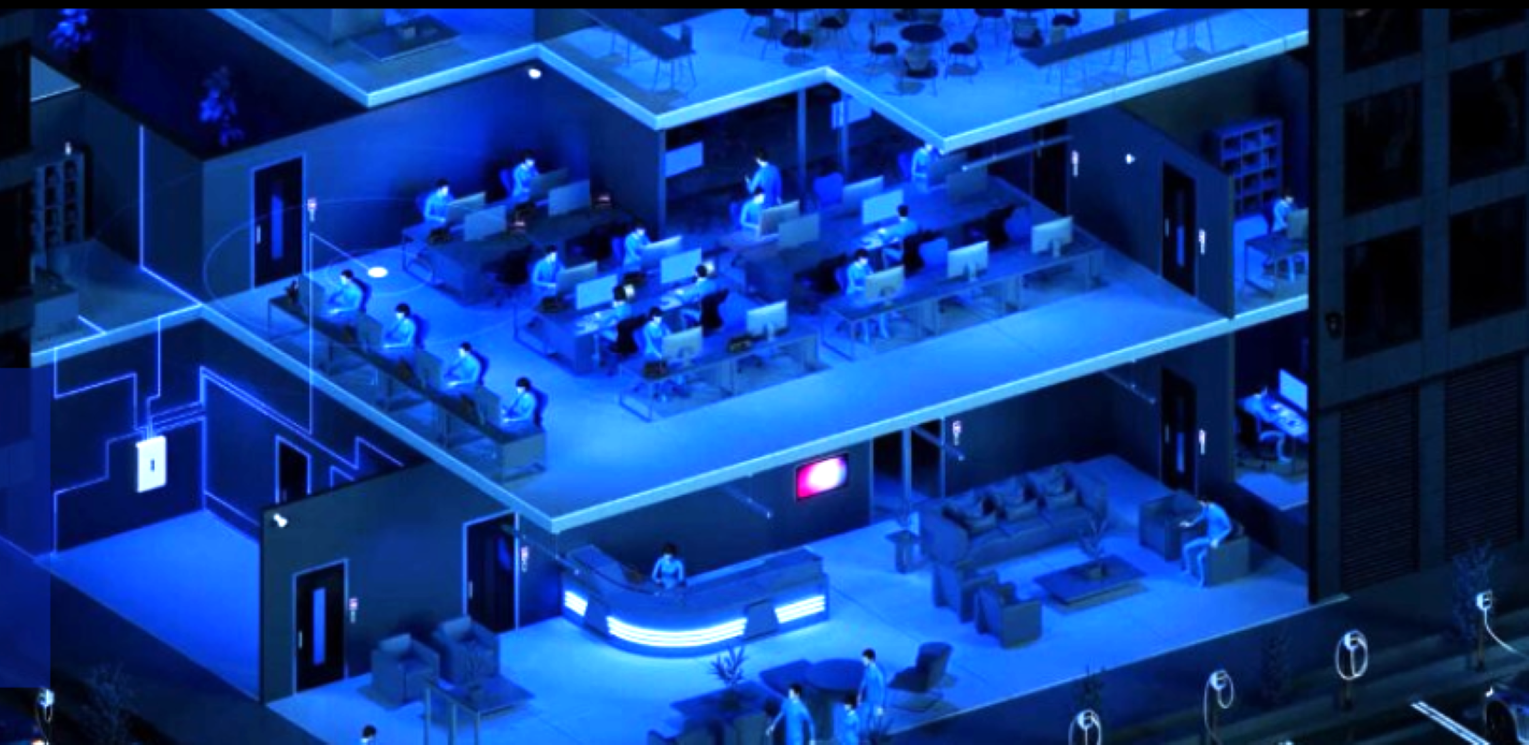 Cross-section of multi-story office building with many people at desks working on computers.
