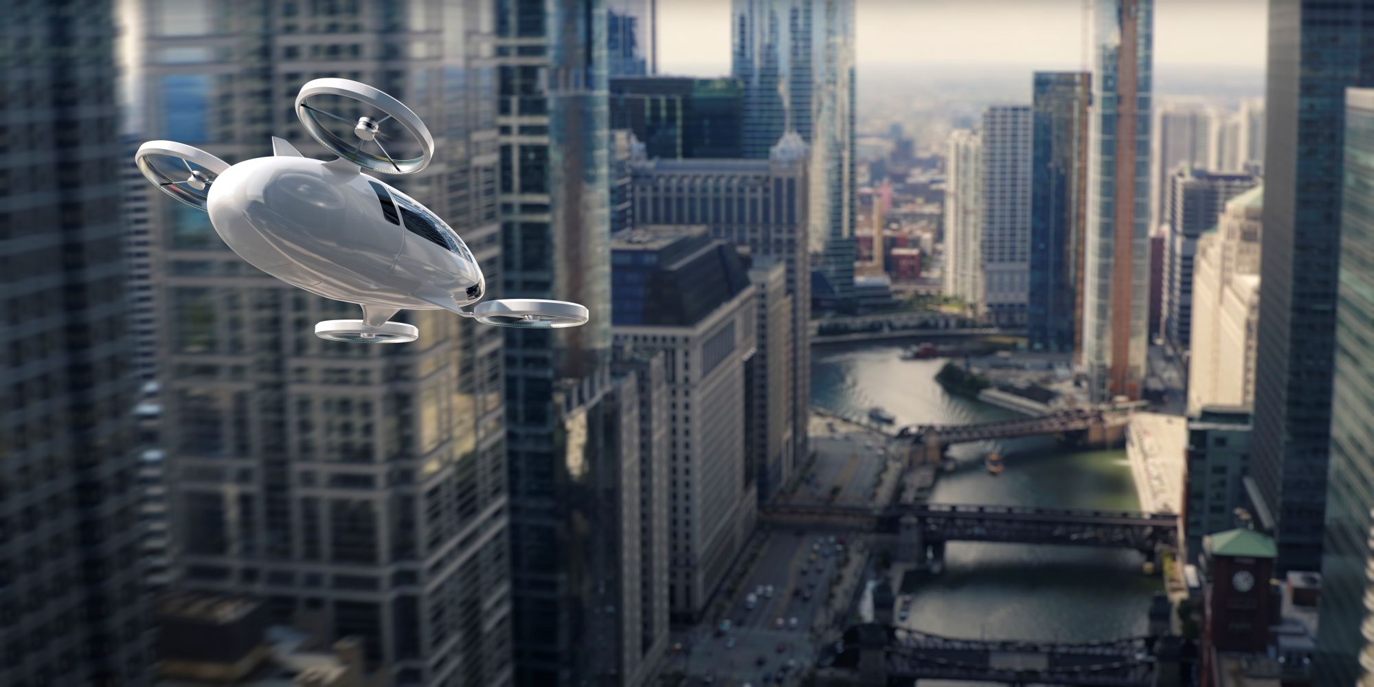 A vertical takeoff and landing aircraft flying through a city.