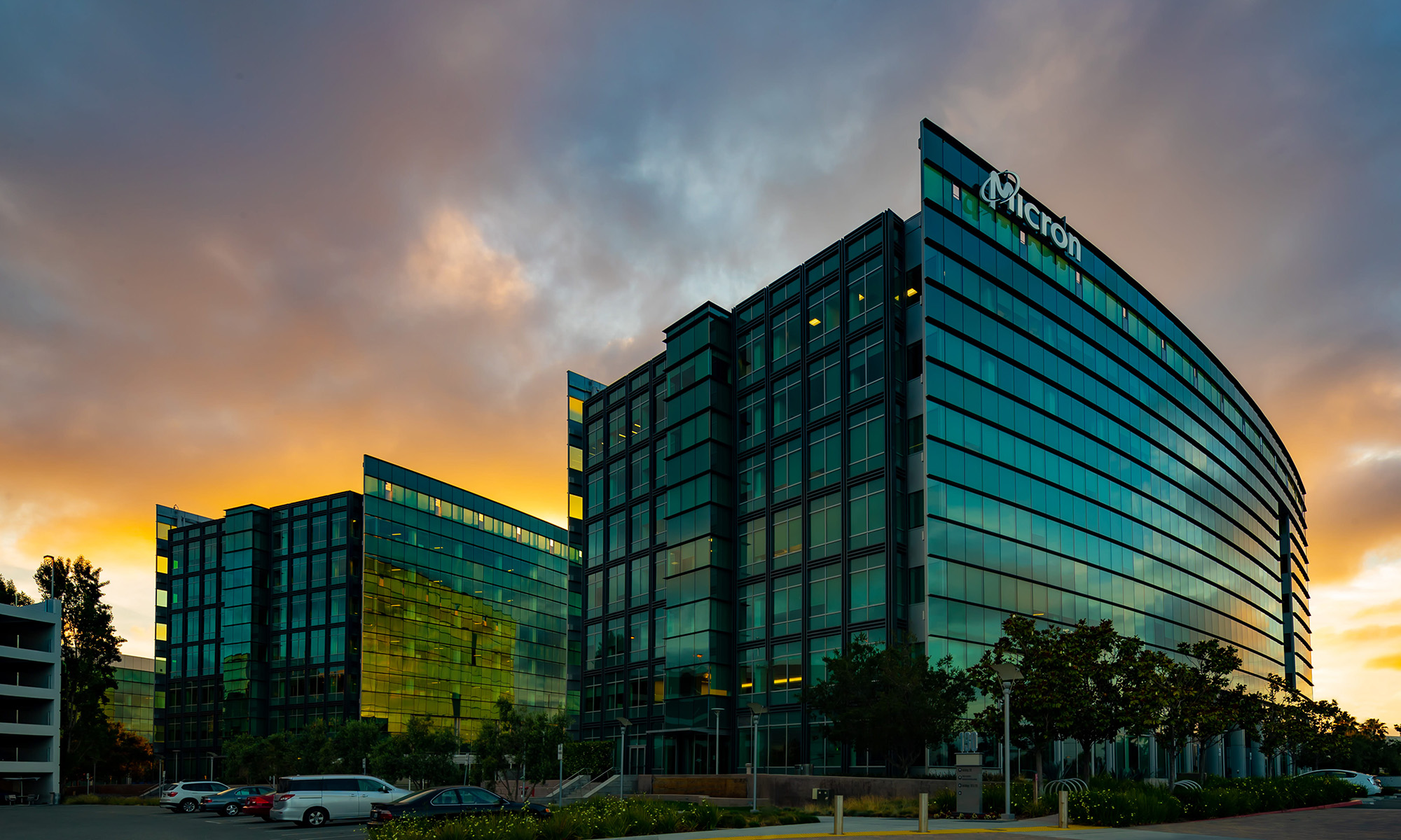 micron building at night with micron logo on top_micron