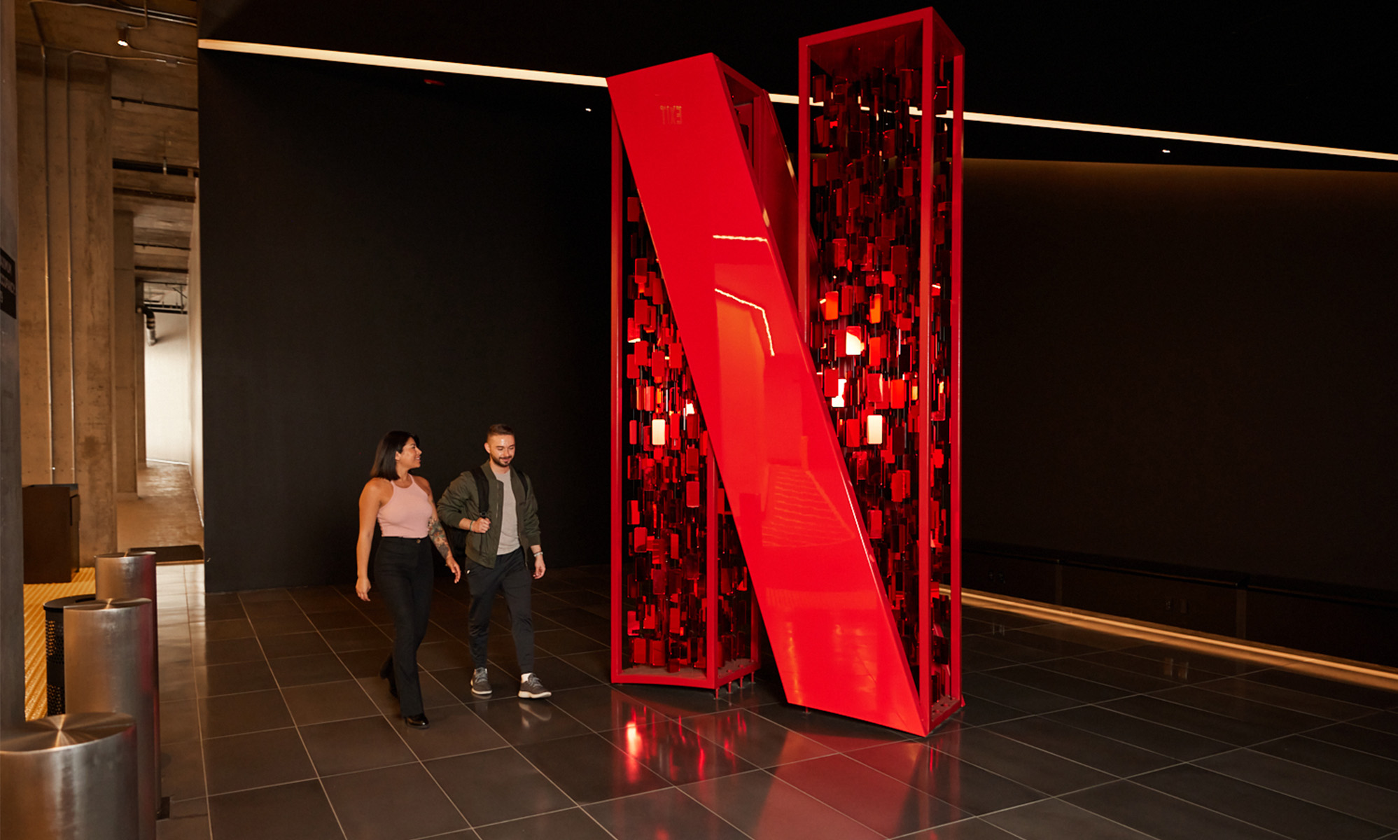 large netflix logo sculpture in lobby of office building_Netflix