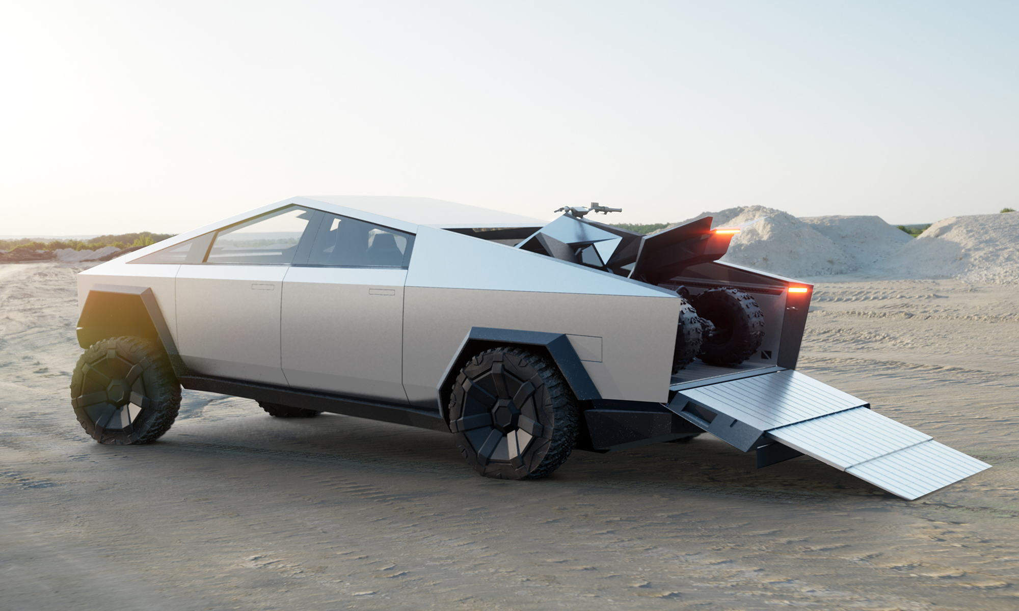 tesla cybertruck with cyberquad atv in truck bed (1)