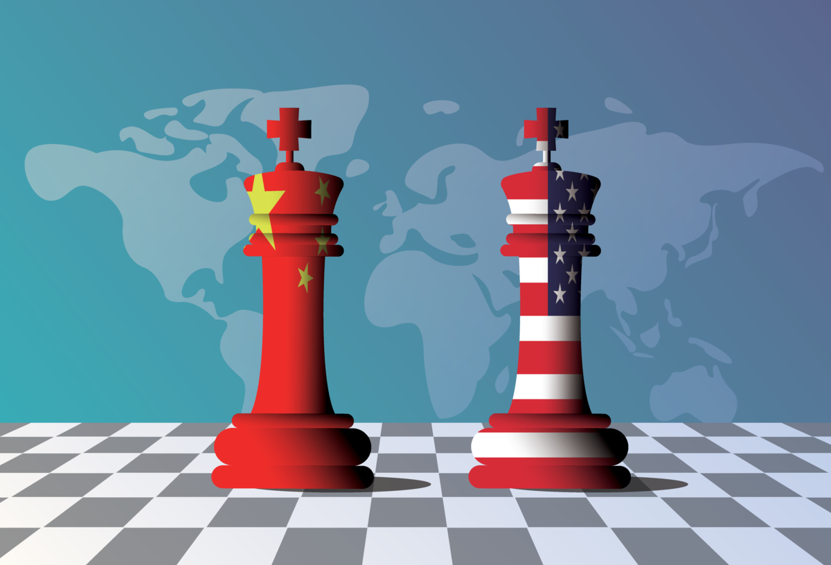 China-US trade war depicted as a chess board with pieces in national colors.