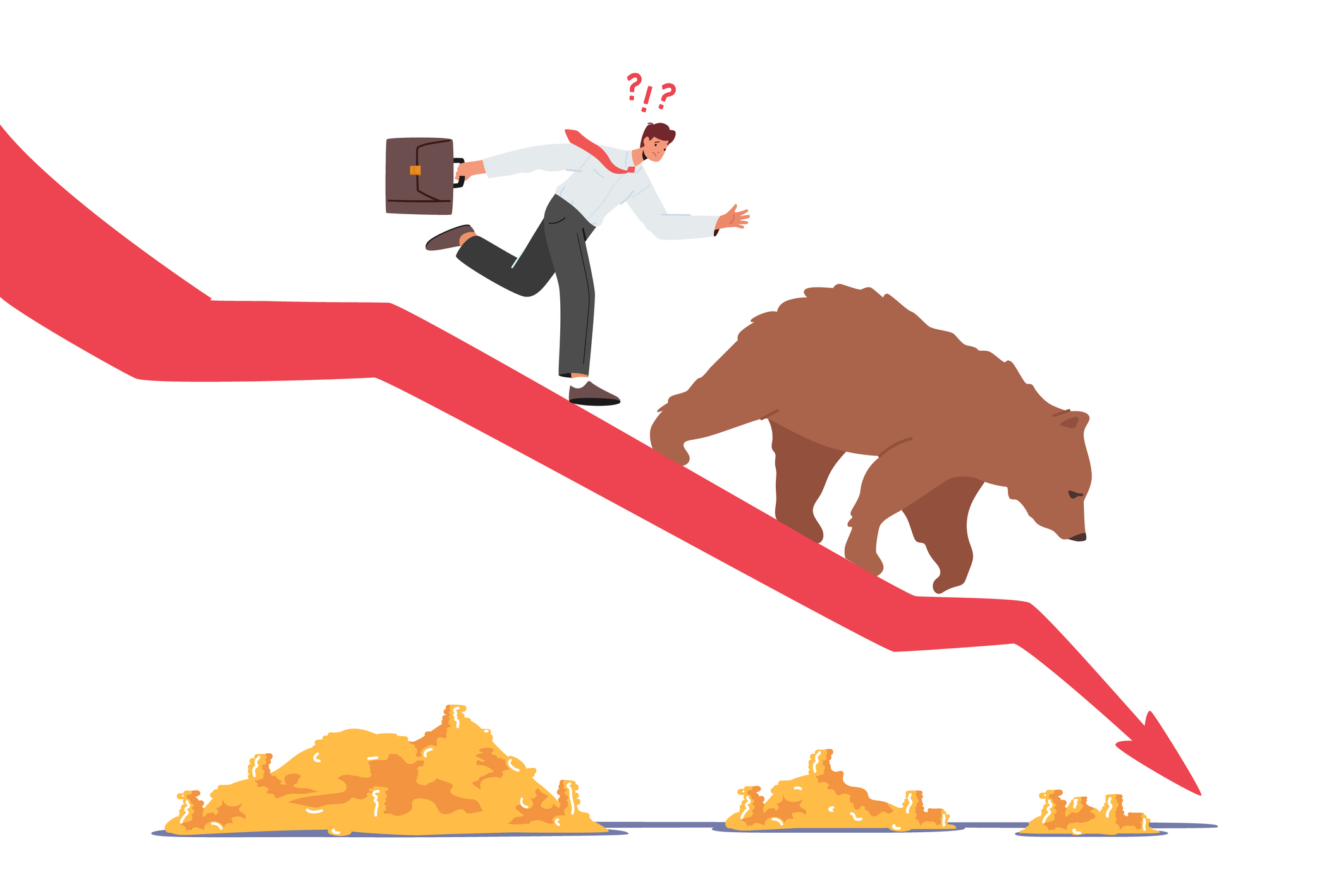 Panic selling as man in tie follows a bear down a red arrow