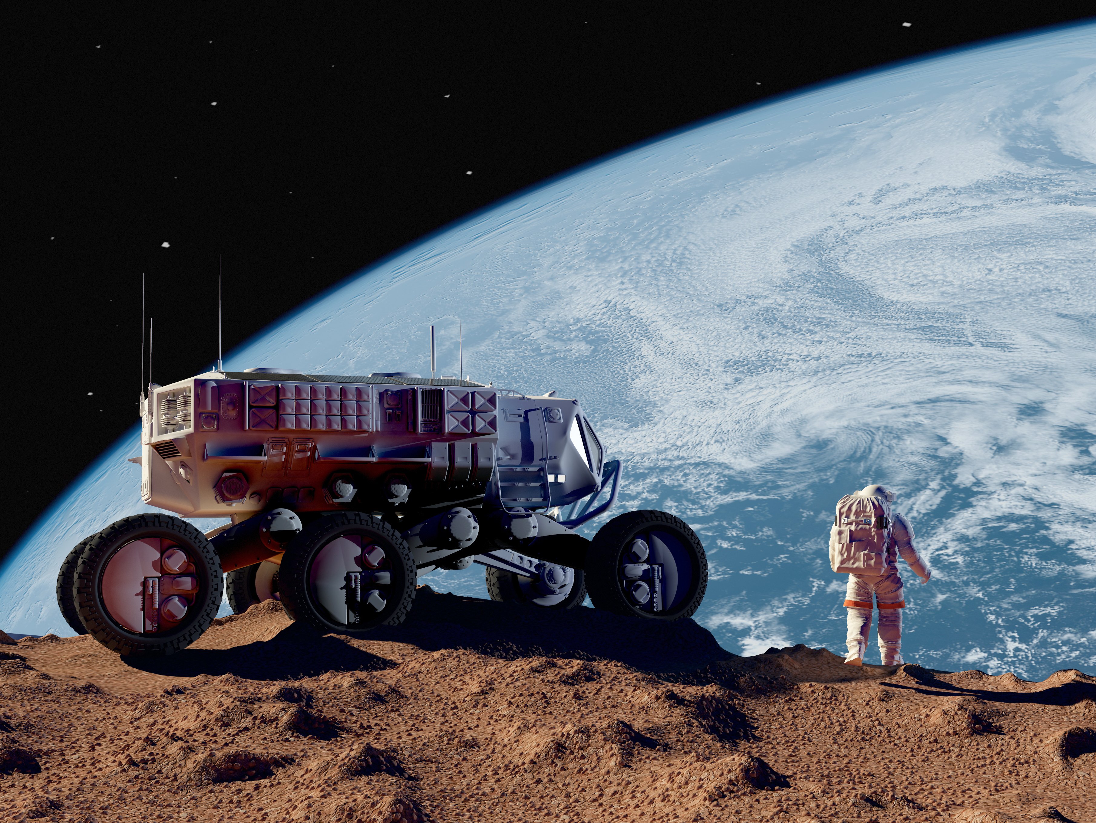 An astronaut and a moon rover on the moon, with the Earth in the background