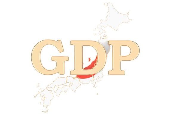 The letters GDP in gold, superimposed over an outline of Japan