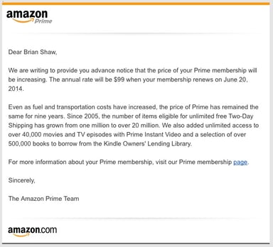 Prime Price Increase Email