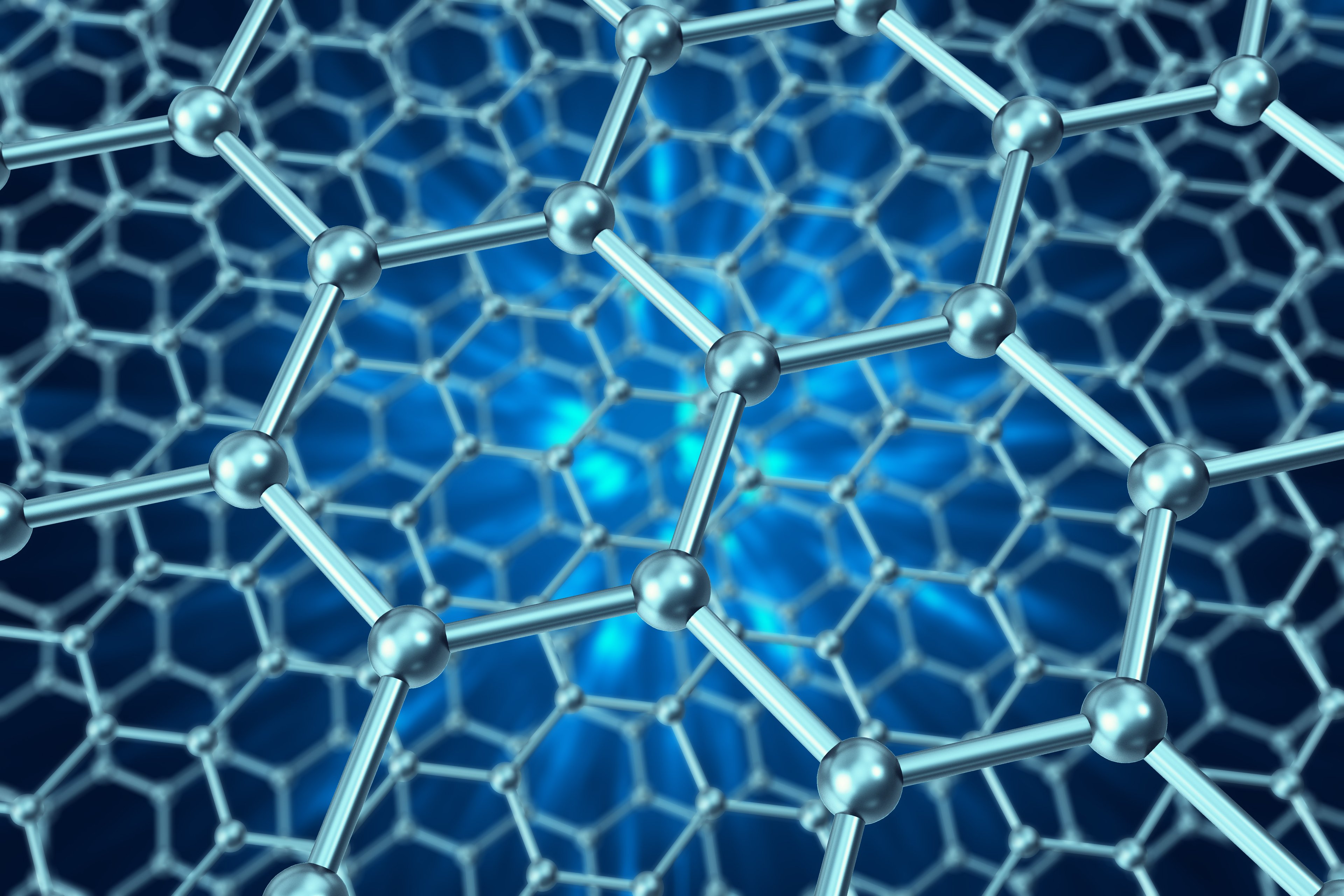 Model structure of graphene sheets on a blue background.