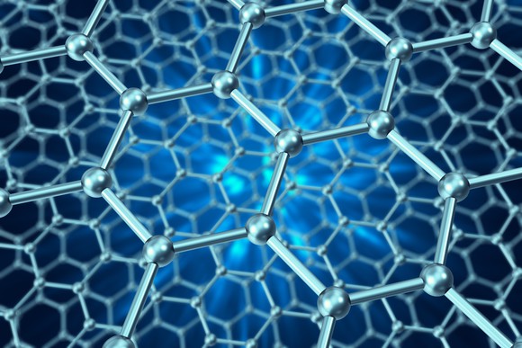 Model structure of graphene sheets on a blue background.