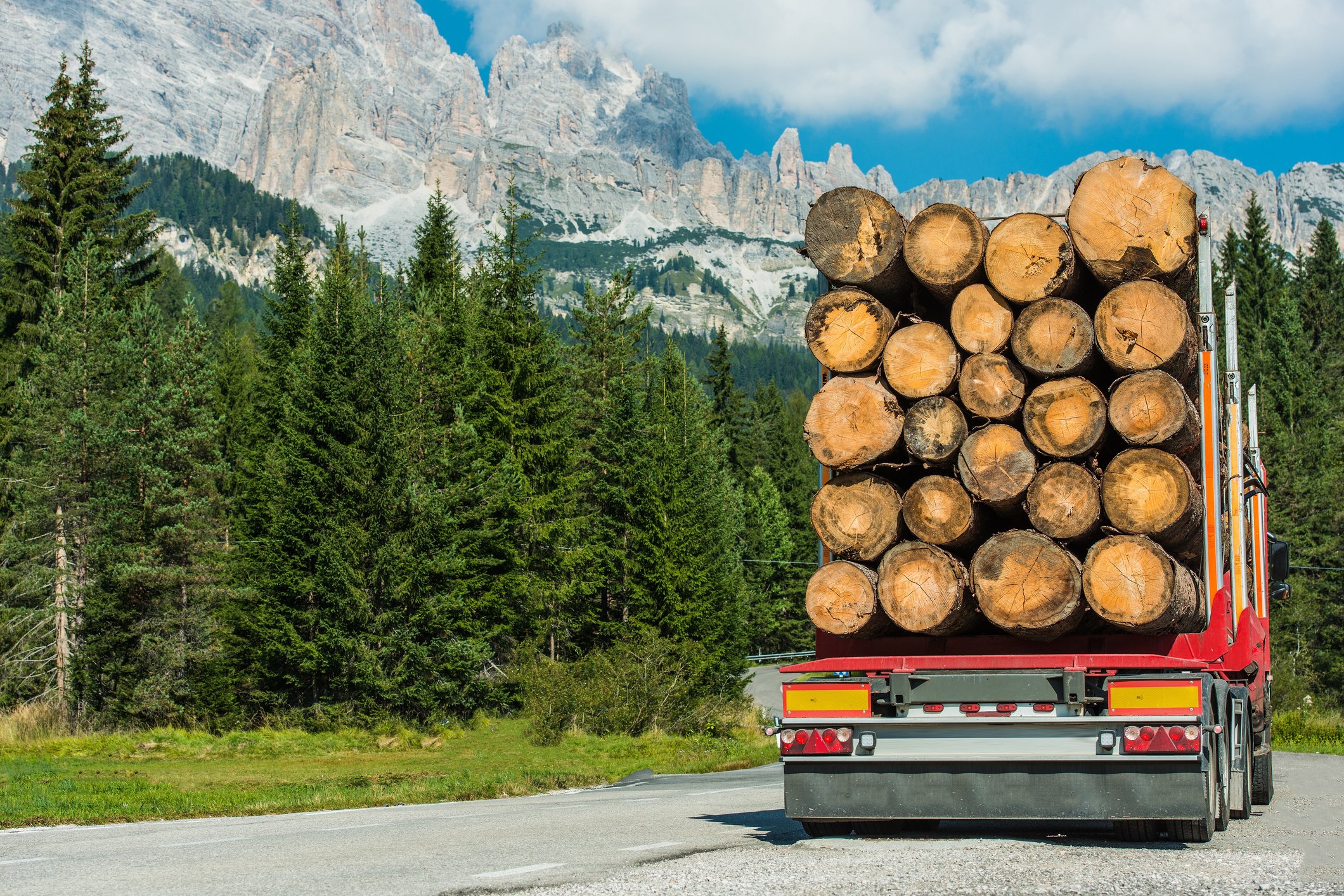 Rear view of lumber truck driving down a road with trees and mountains in the background