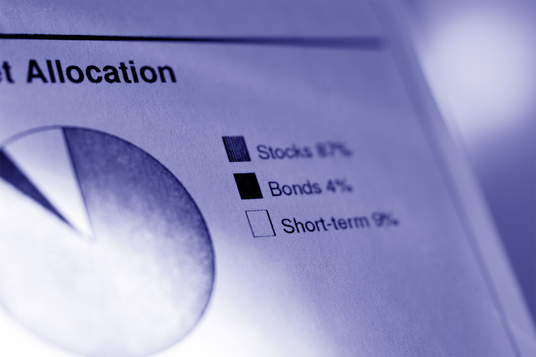 A pie chart labelled "allocation" divided into stocks, bonds, and short-term.
