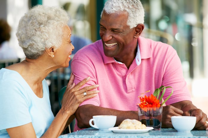 Elderly couple laughing while enjoying snack at cafe