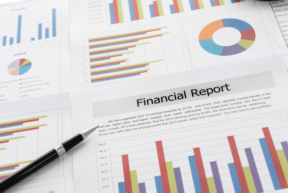 Financial report bar and pie charts.