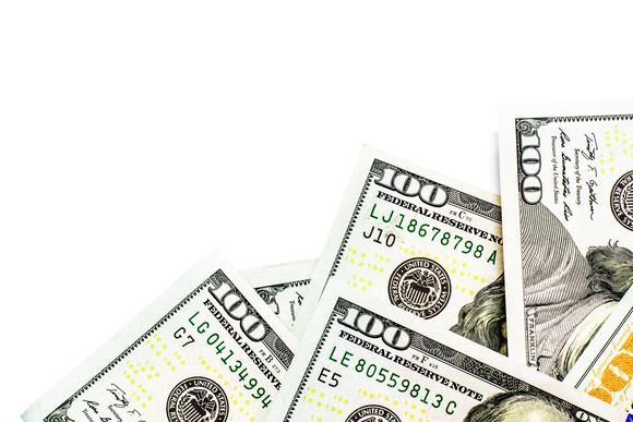 Hundred-dollar bills fanned out