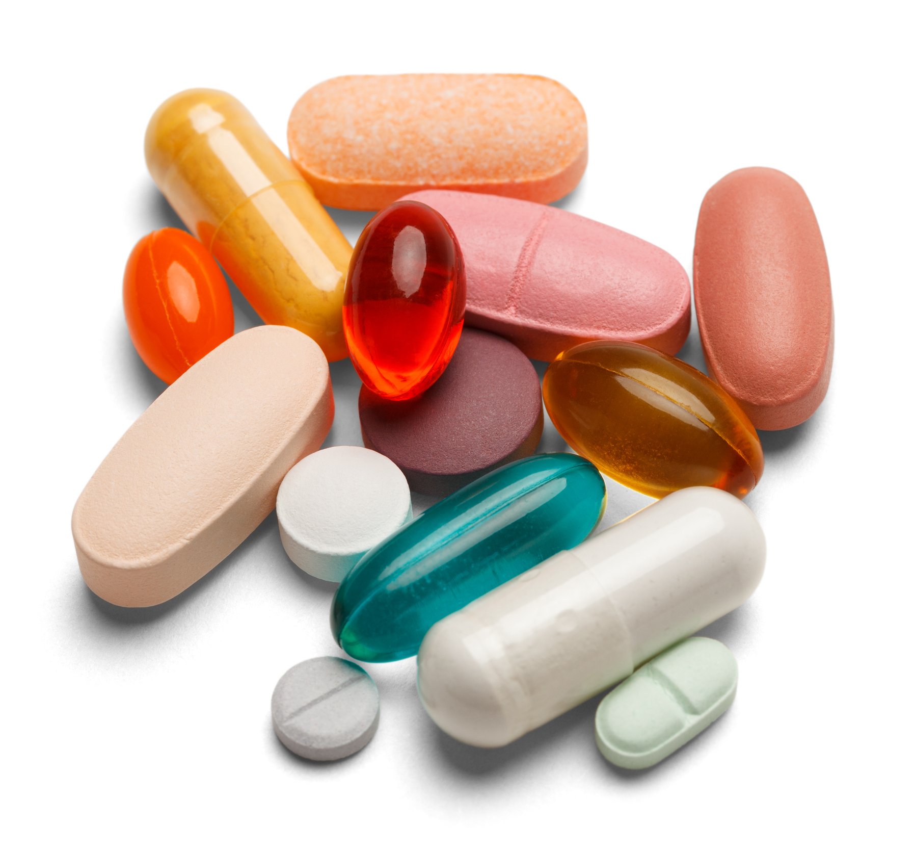 Drug tablets and capsules in different sizes, shapes, and colors.
