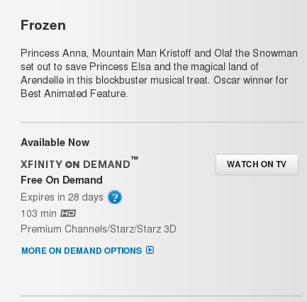 Frozen on Comcast Xfinity, via Starz.