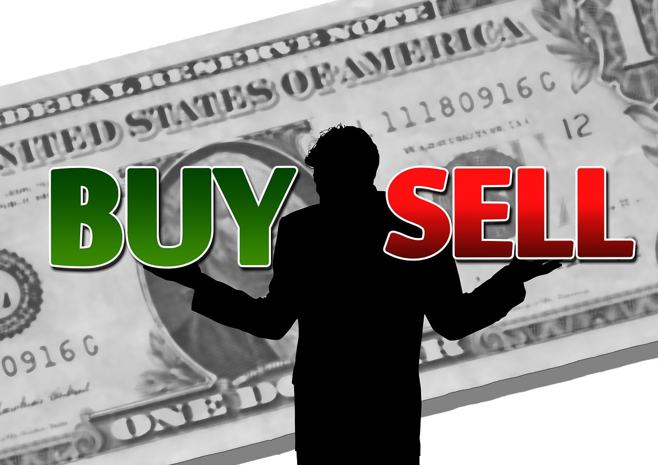 man in silhouette with arms outstretched, weighing the words "buy" and "sell" and standing in front of a big, projected dollar bill