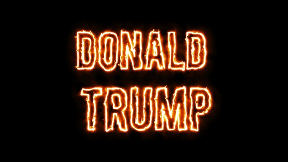 The name "Donald Trump" rendered as though the letters were on fire
