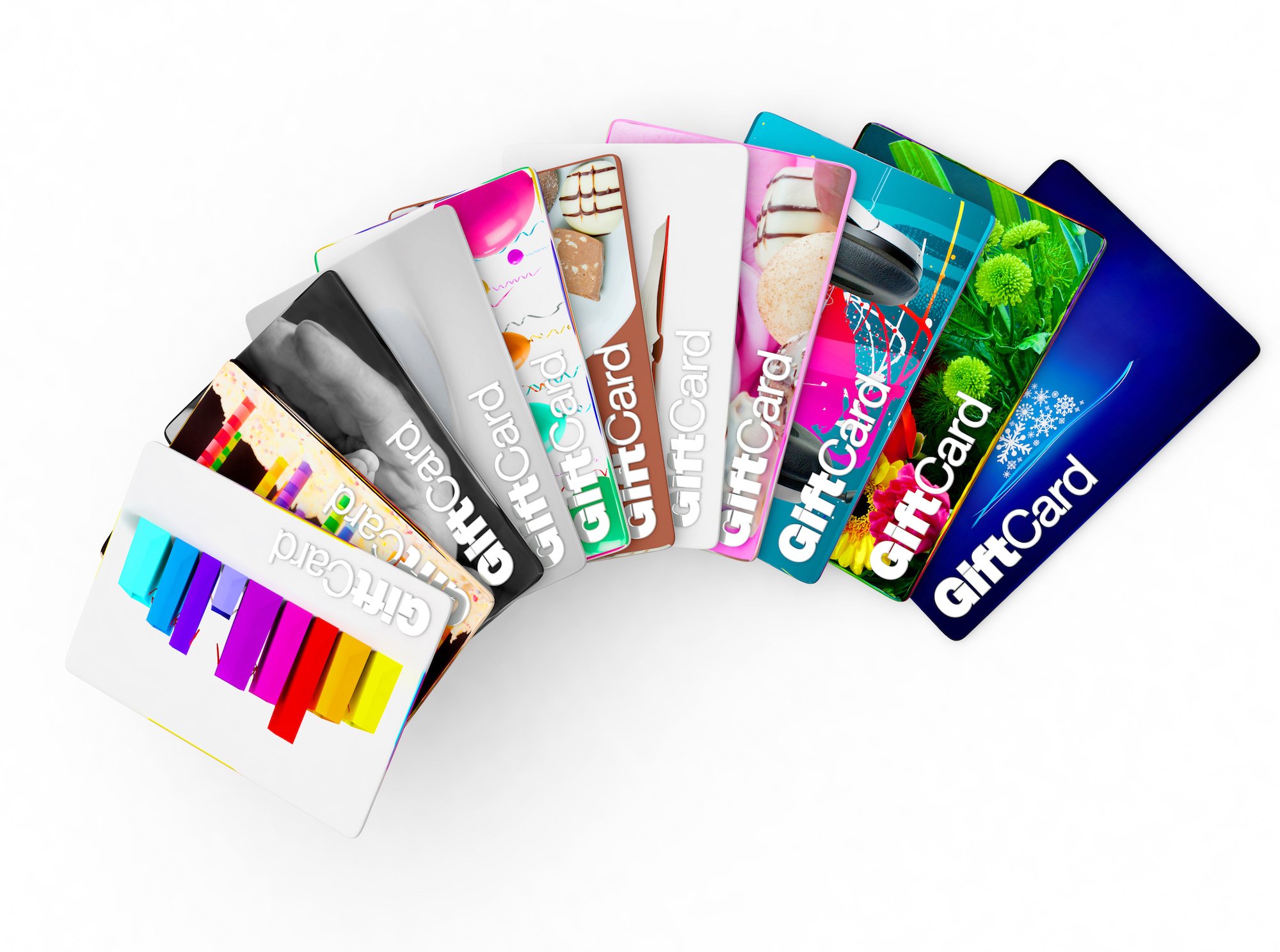 A variety of fanned-out gift cards