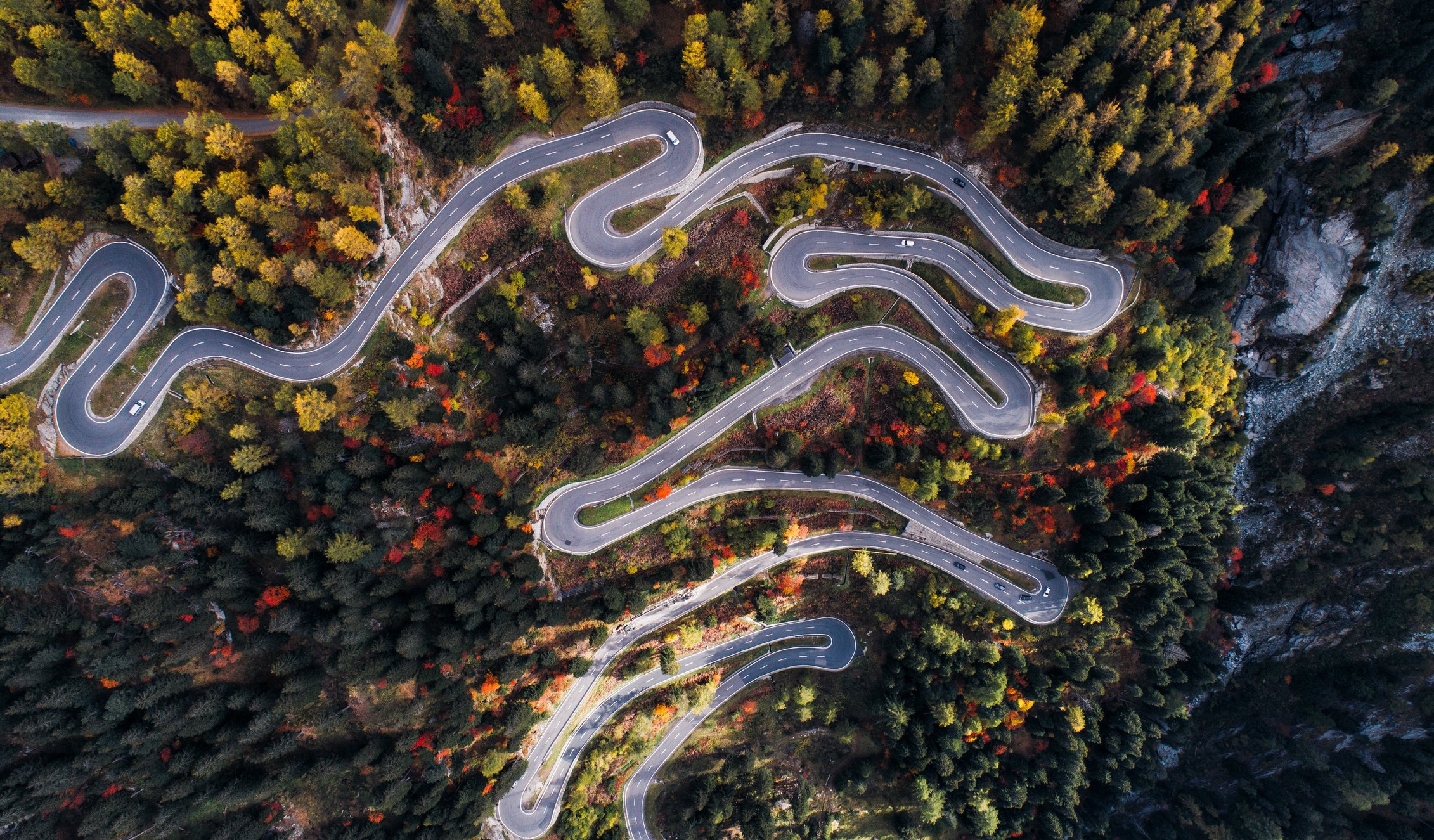 Drone footage of a road winding through a forest