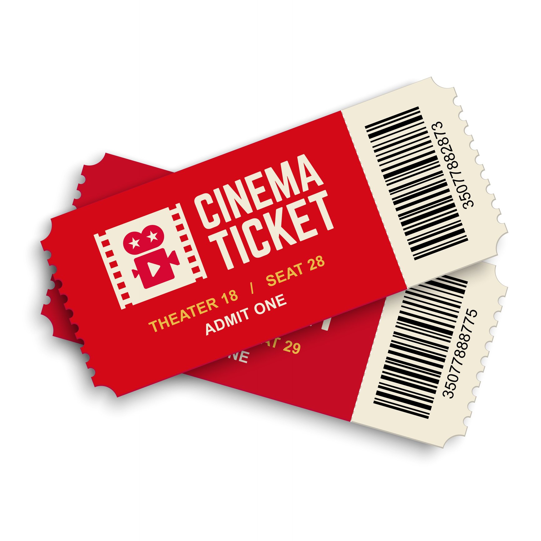 A pair of red movie tickets on a white background.