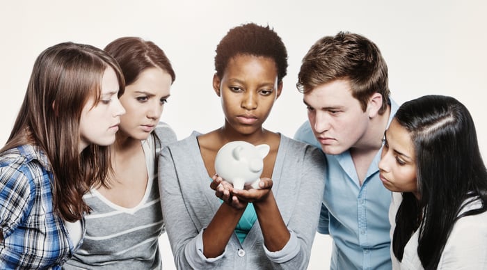 A diverse group of young people gather around a piggy bank.