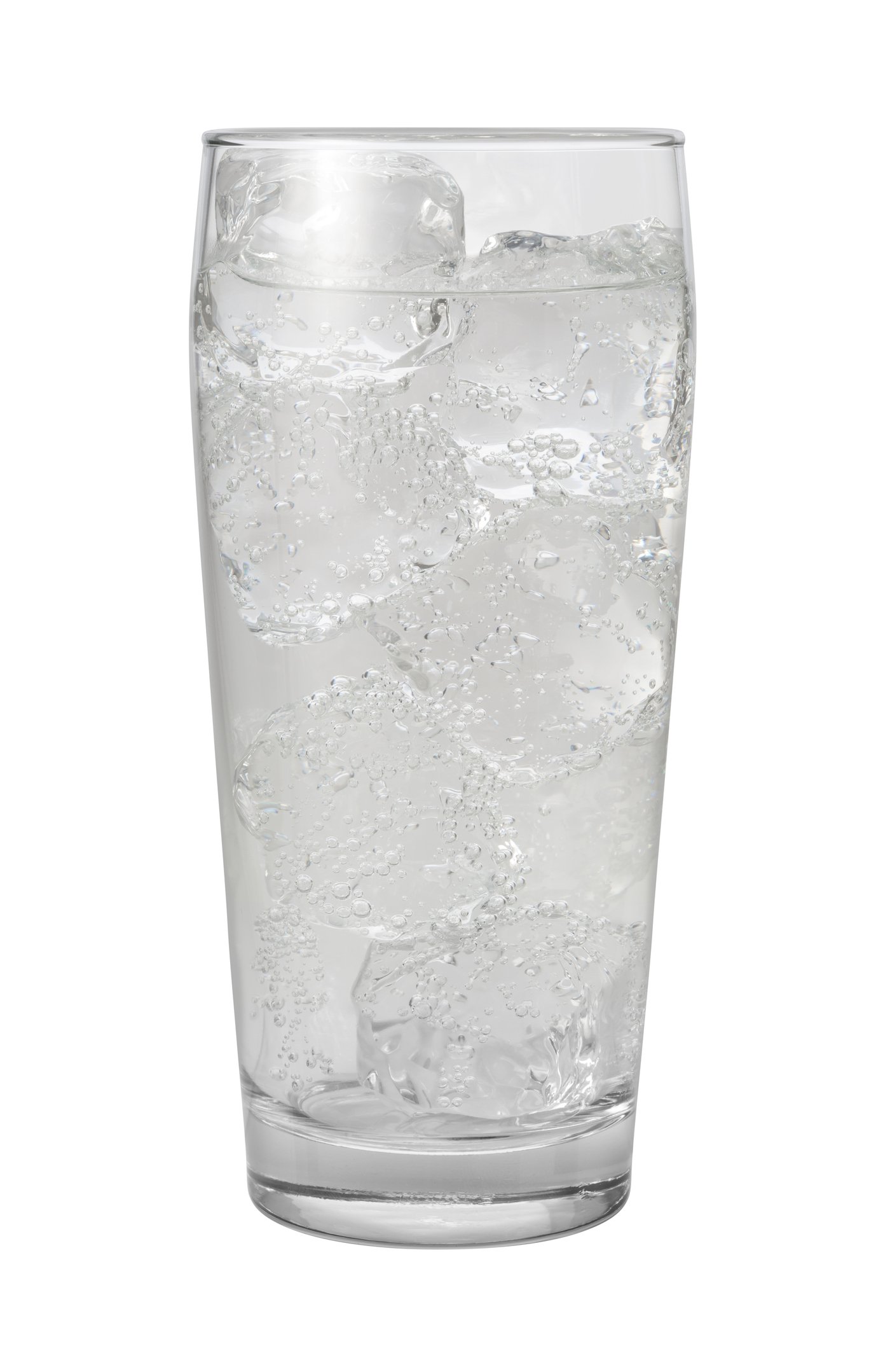 A glass of sparkling water on ice.