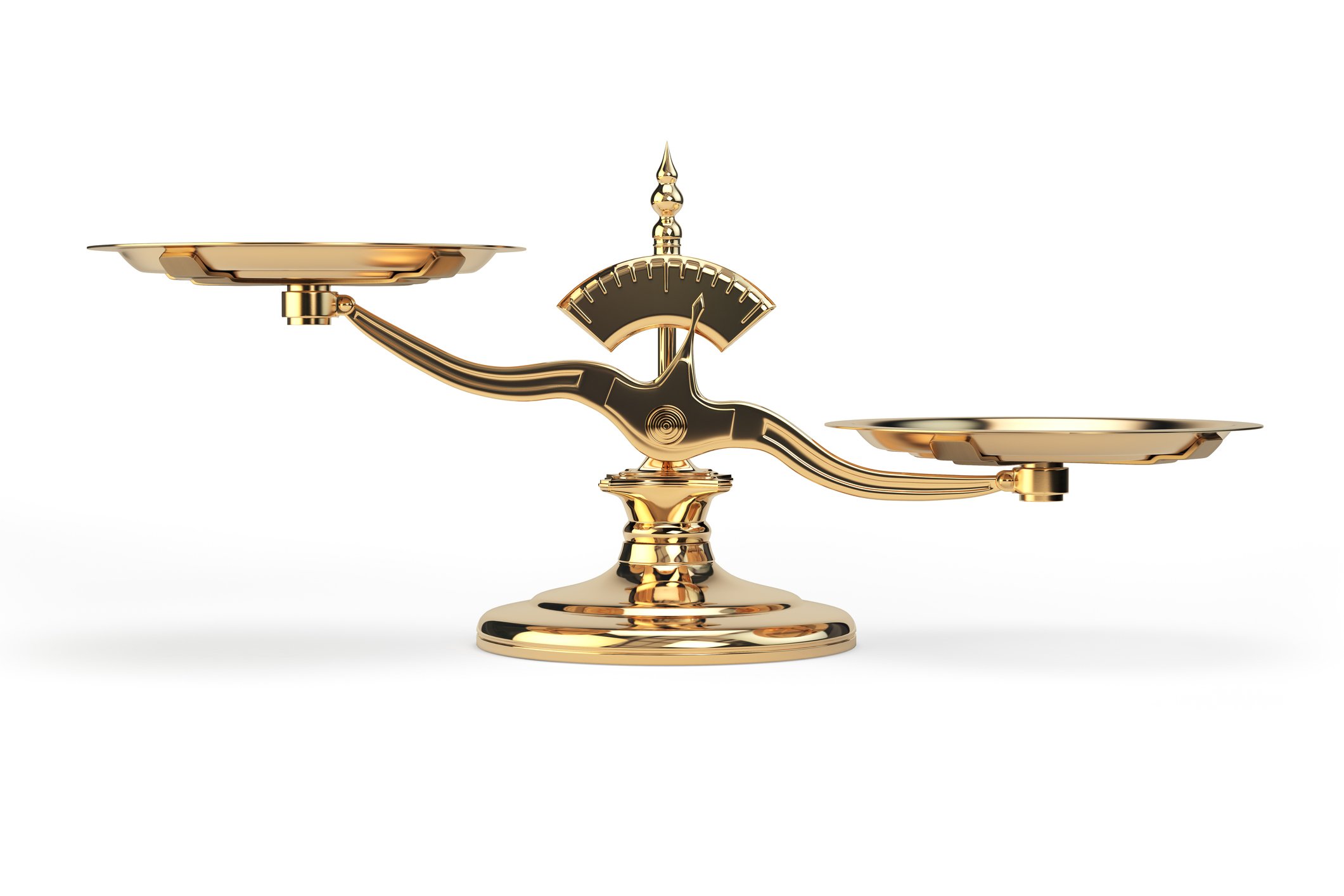 A old-fashioned brass balance scale tipping to the right.