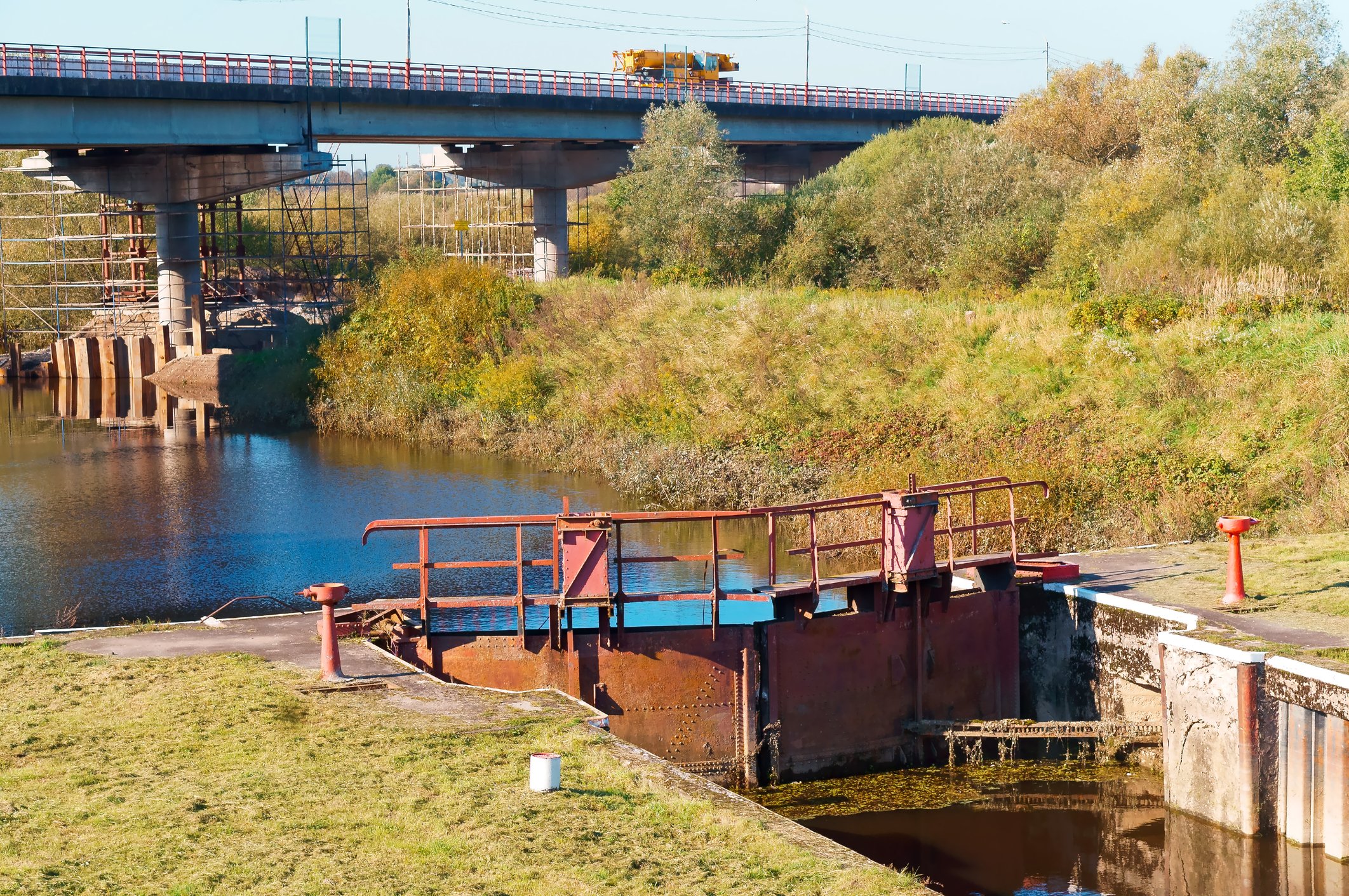 A hydraulic dam on a river.