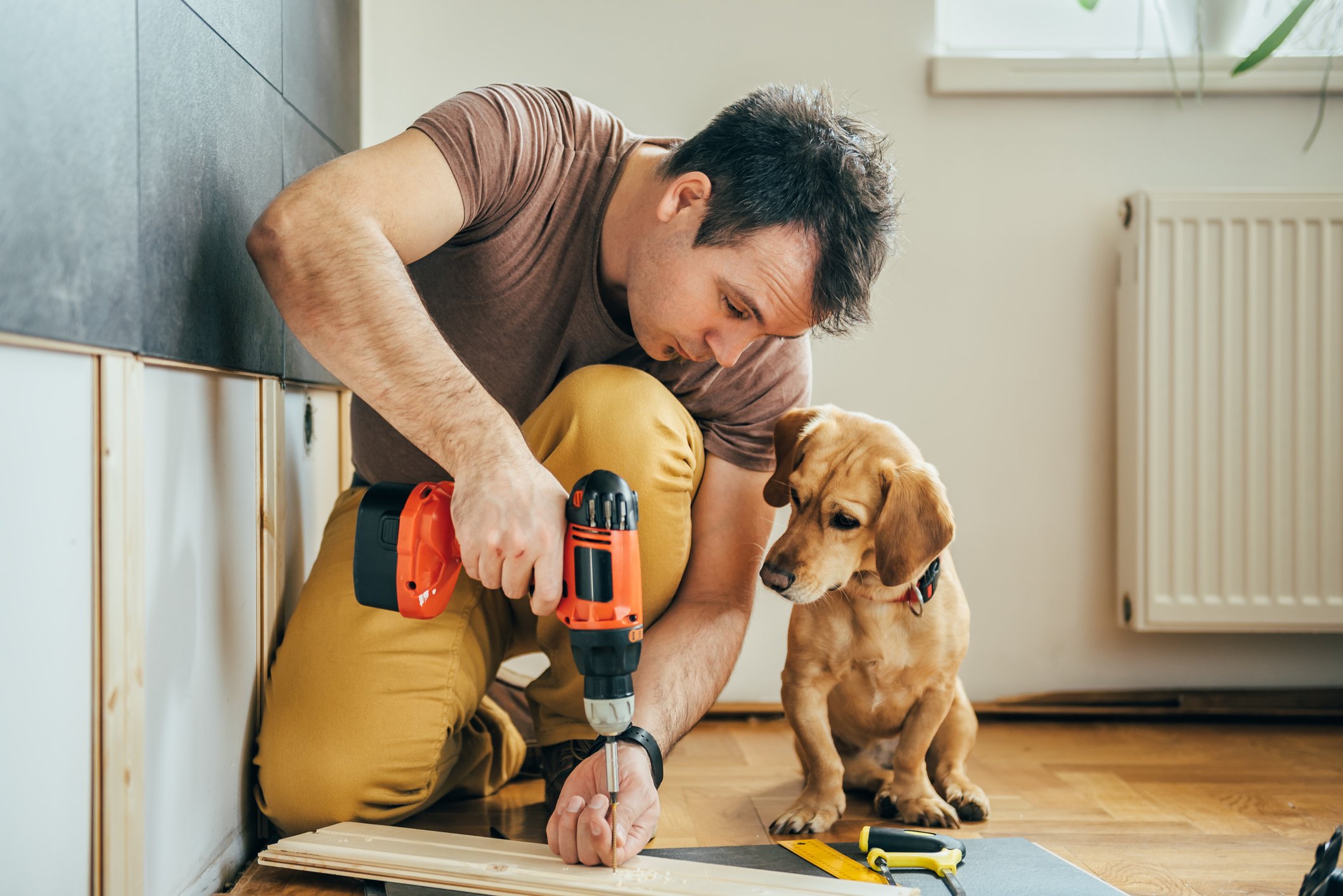 A man uses a cordless screwdriver while his puppy looks on