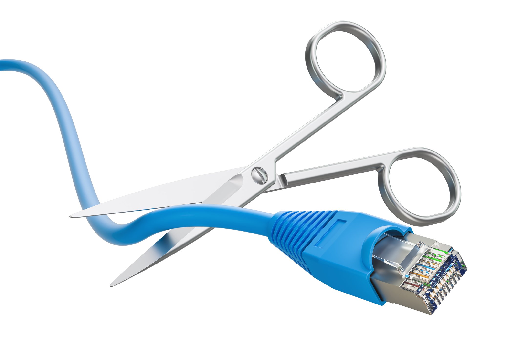 A pair of scissors cutting a blue ethernet cord.