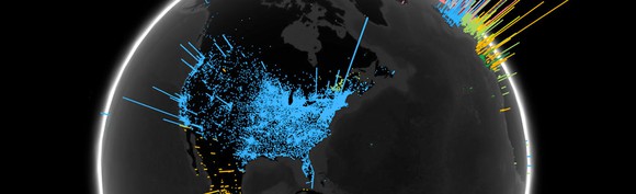 A picure of Earth with lights shooting out of the globe.