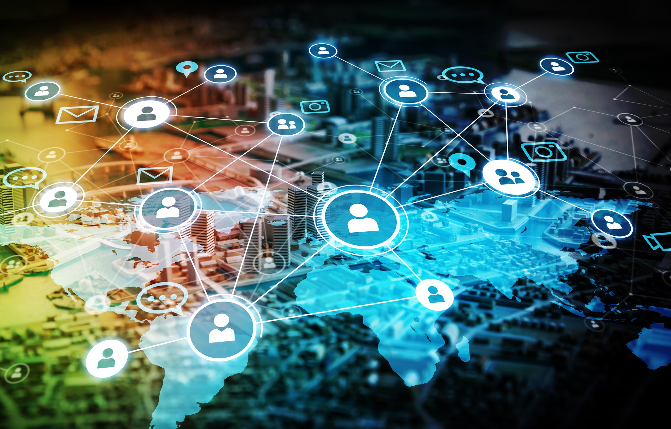 Interconnected social media icons superimposed over a world map.