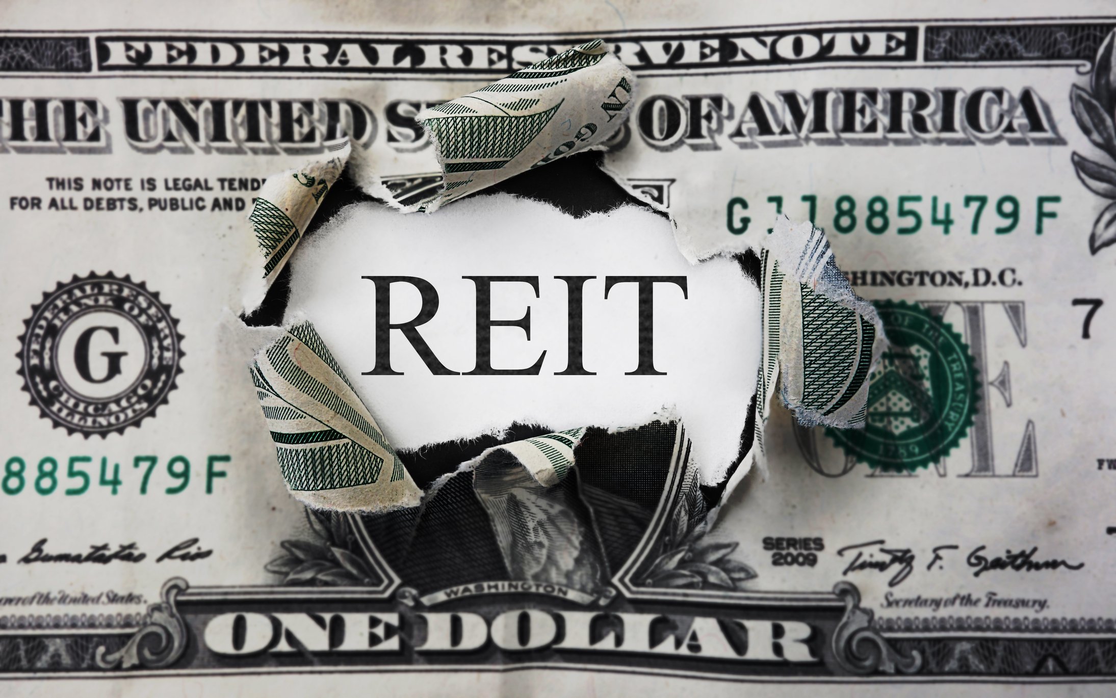 Dollar bill with the center torn out the the word REIT in the middle