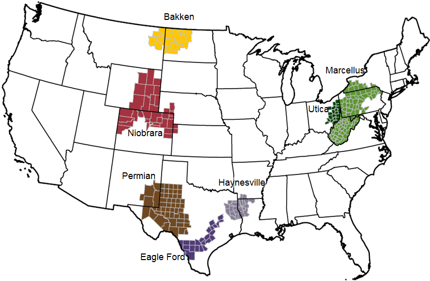 A map showing some of the largest shale plays in the U.S.