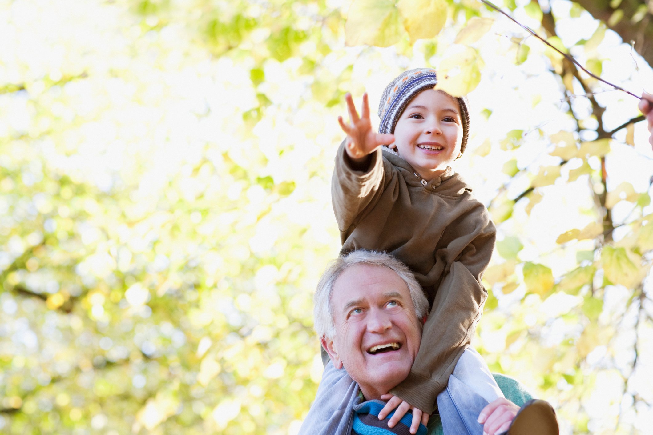 Older man holding a young boy on his shoulders