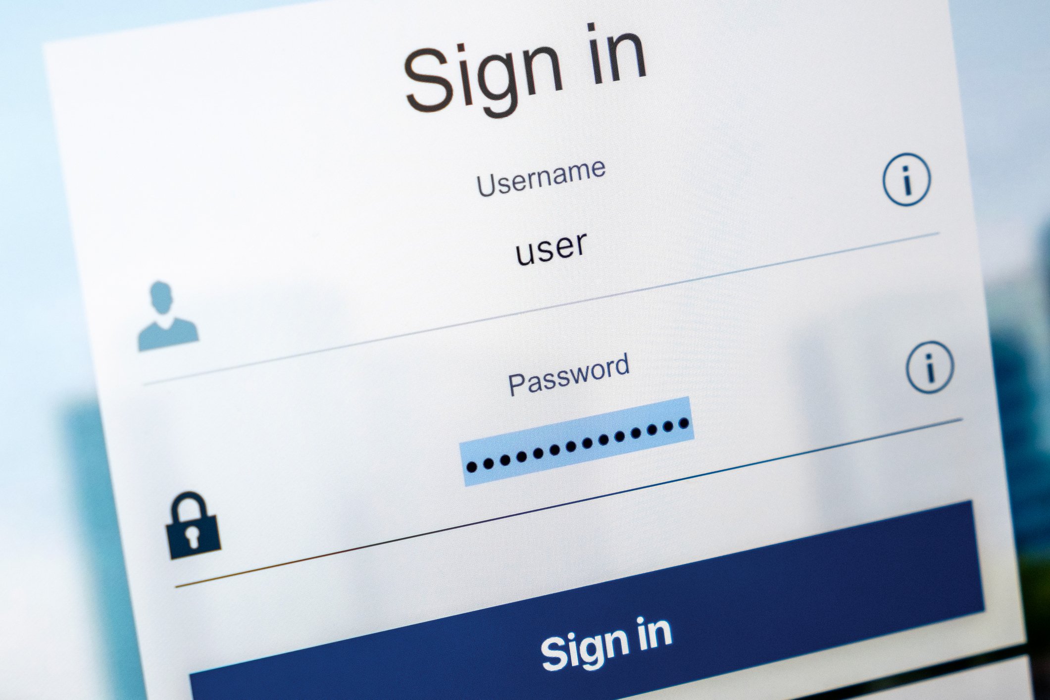 A blue and white social media username and password login screen.