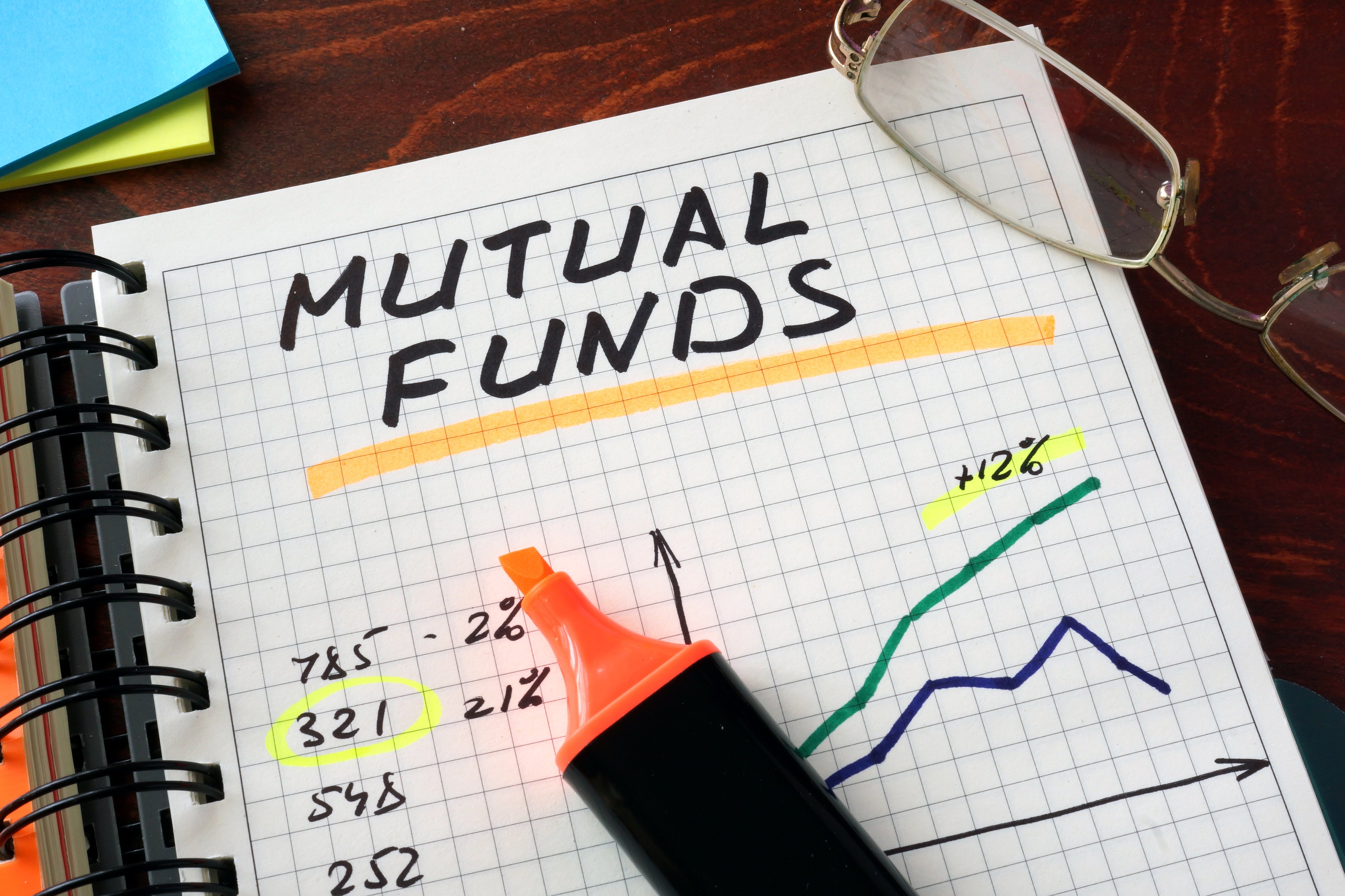 The words Mutual Funds written across the top of a page of graph paper.