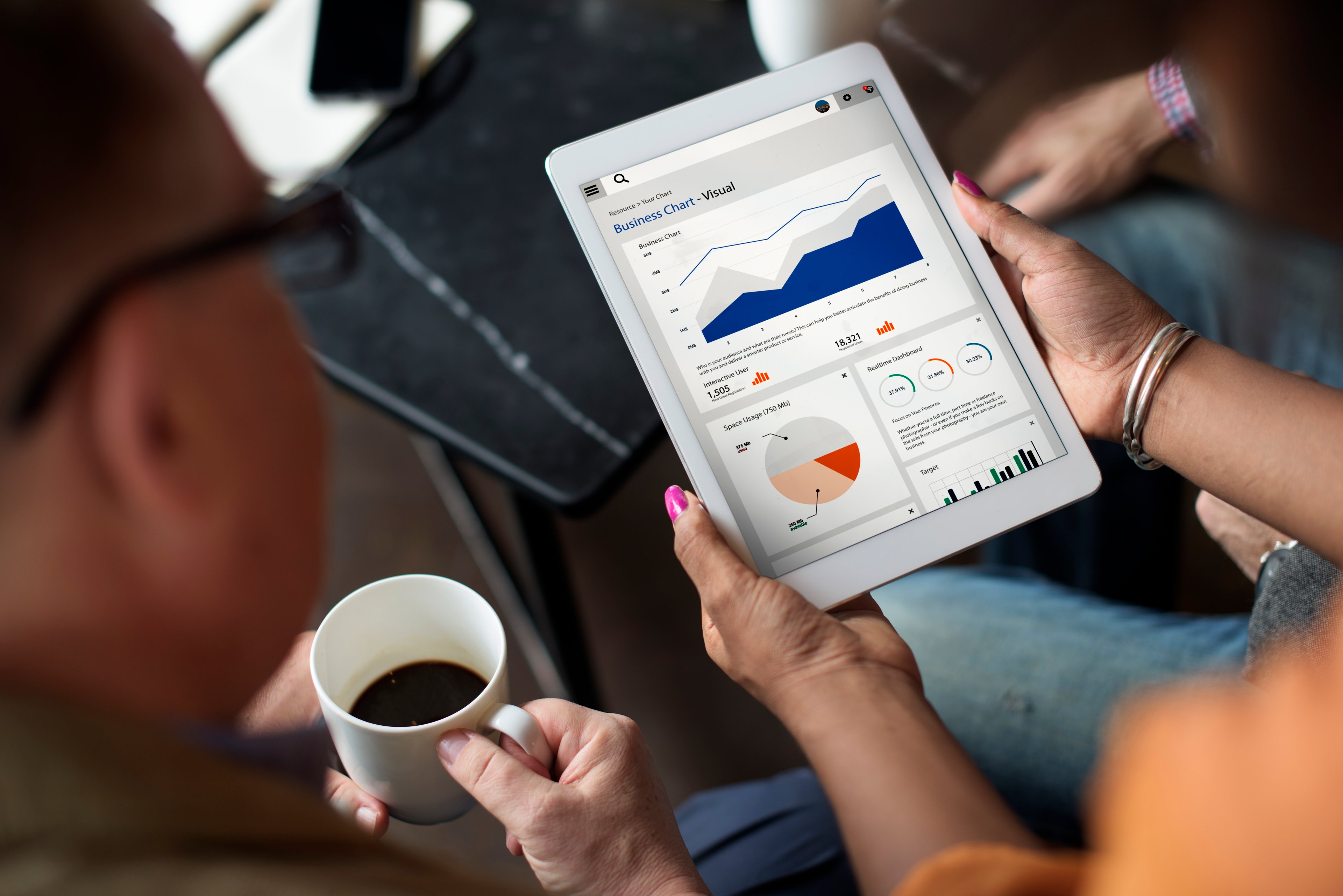 One person holding coffee and looking at a tablet being held by another person. There are charts on the tablet screen.