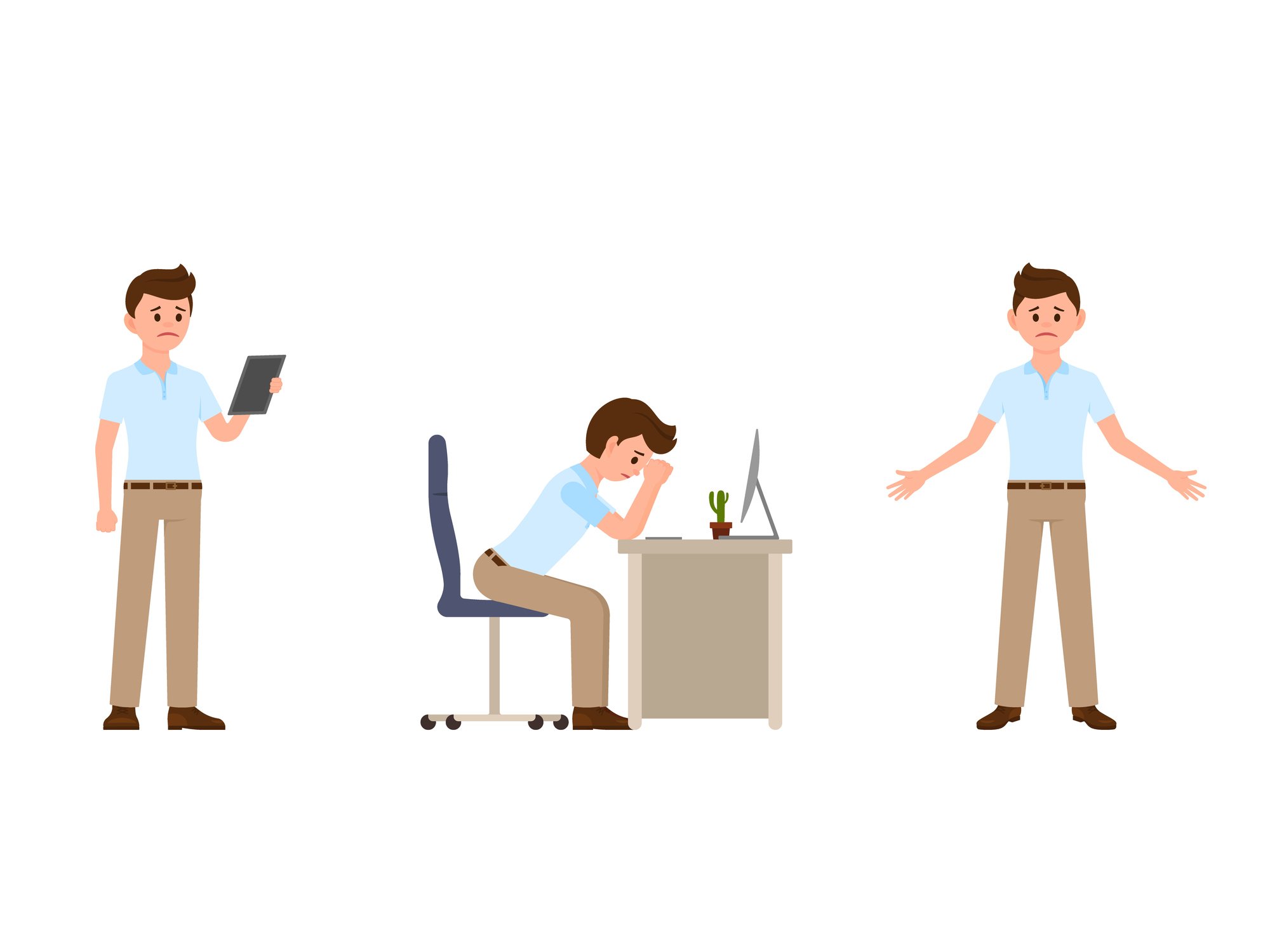 Cartoon figure of a worried man looking at a handheld computer, with head in hands while sitting at a desk, and with arms open.