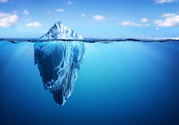 The tip of an iceberg shows above the surface of the water, while a much bigger portion of it lies beneath the surface.