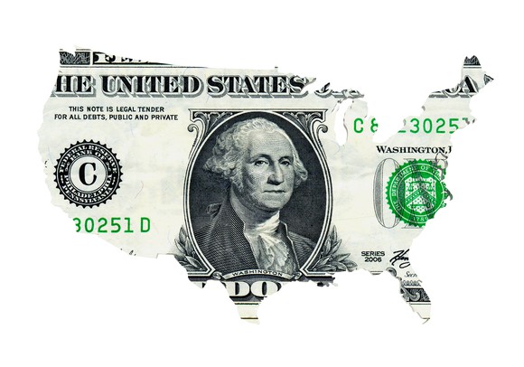 A U.S. dollar shaped like the continental United States.