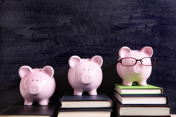 Three piggy banks appear in a row, with two on elevated stacks of books.