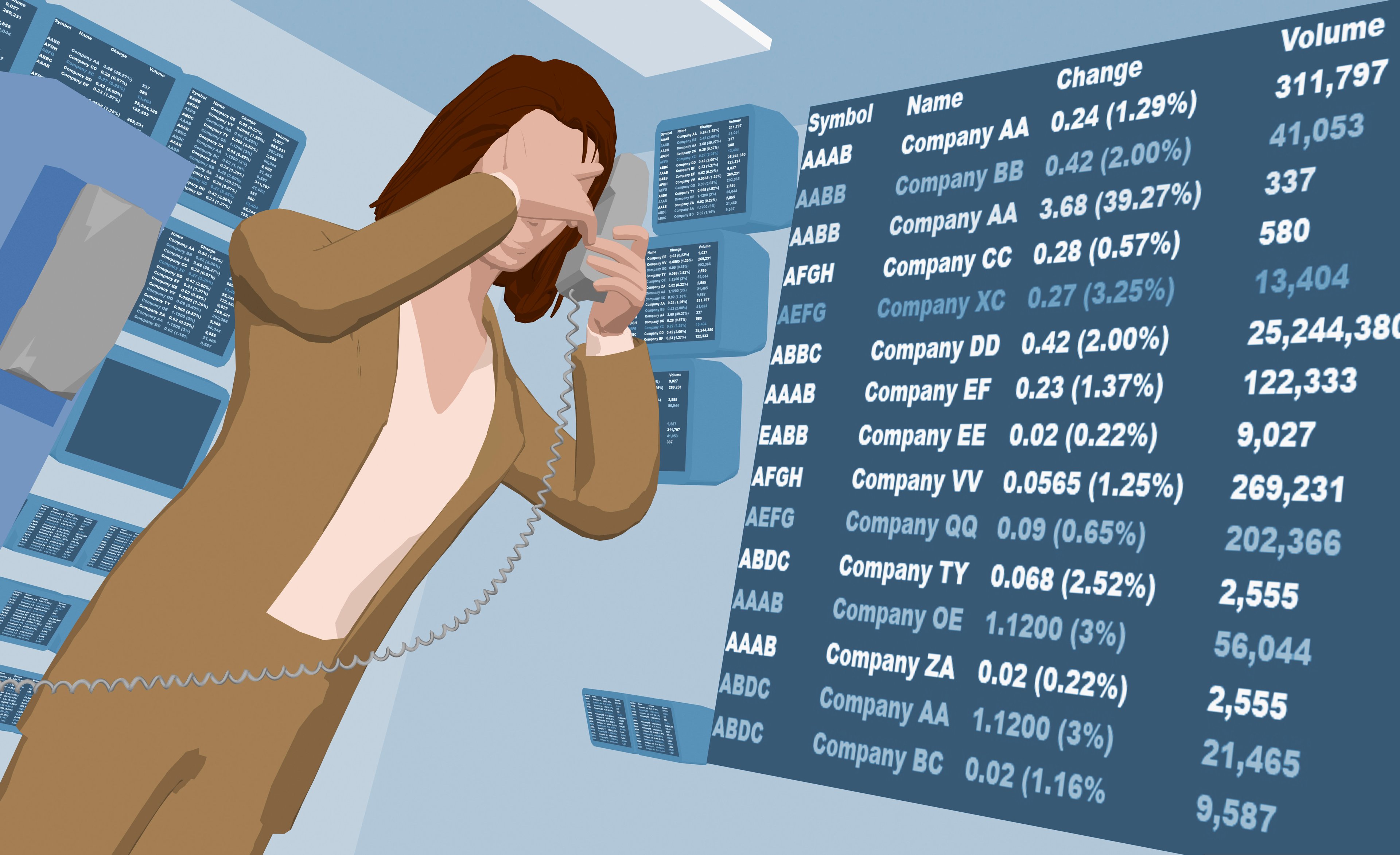 Cartoon rendering of a woman standing in front of a large list of tickers and numbers, holding a phone in one hand and covering her face with the other.