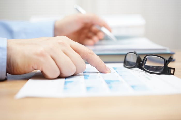 A close of of someone comparing financial documents on a desk, with a pair of reading glasses sitting nearby