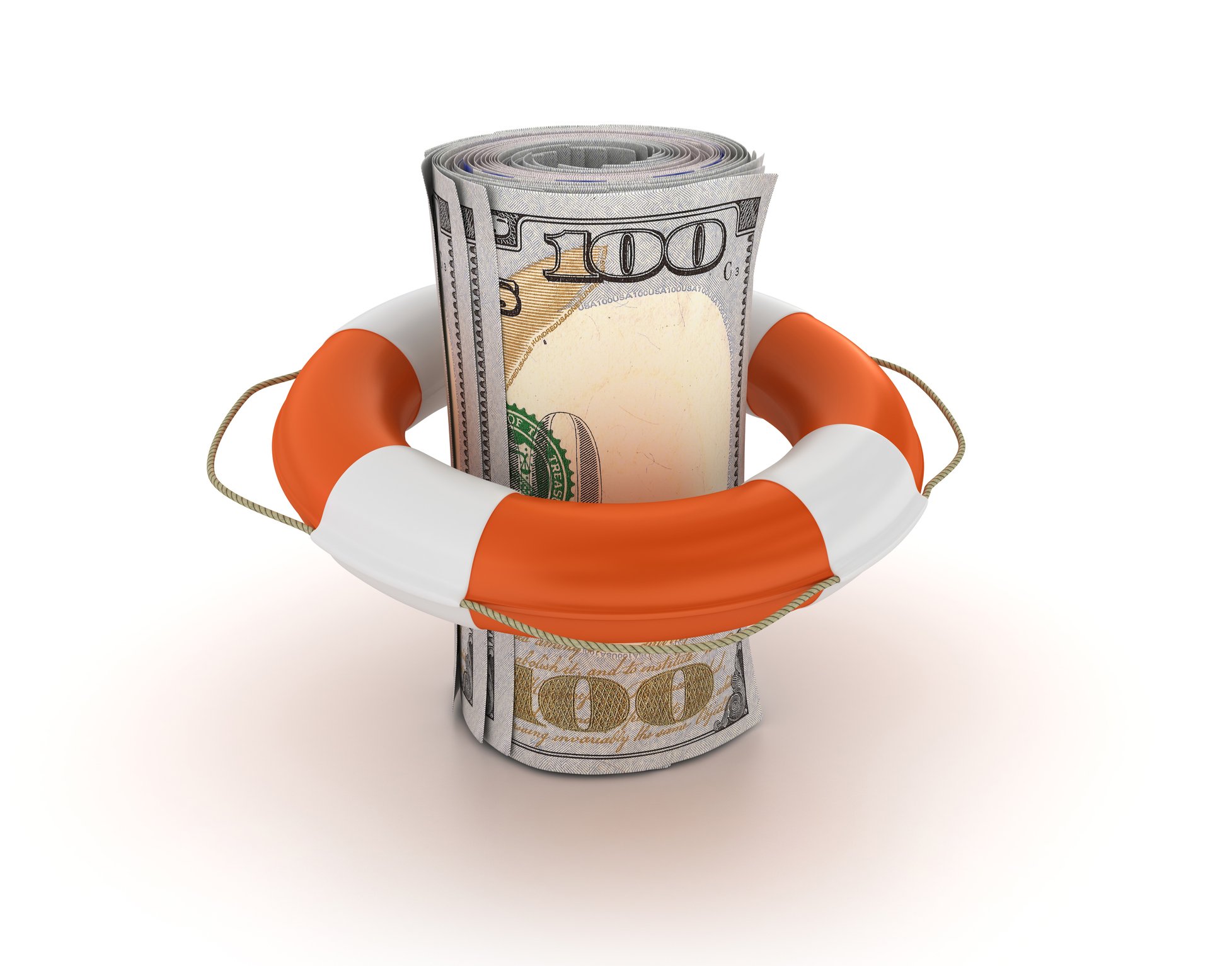 A roll of hundred-dollar bills surrounded by a life preserver.