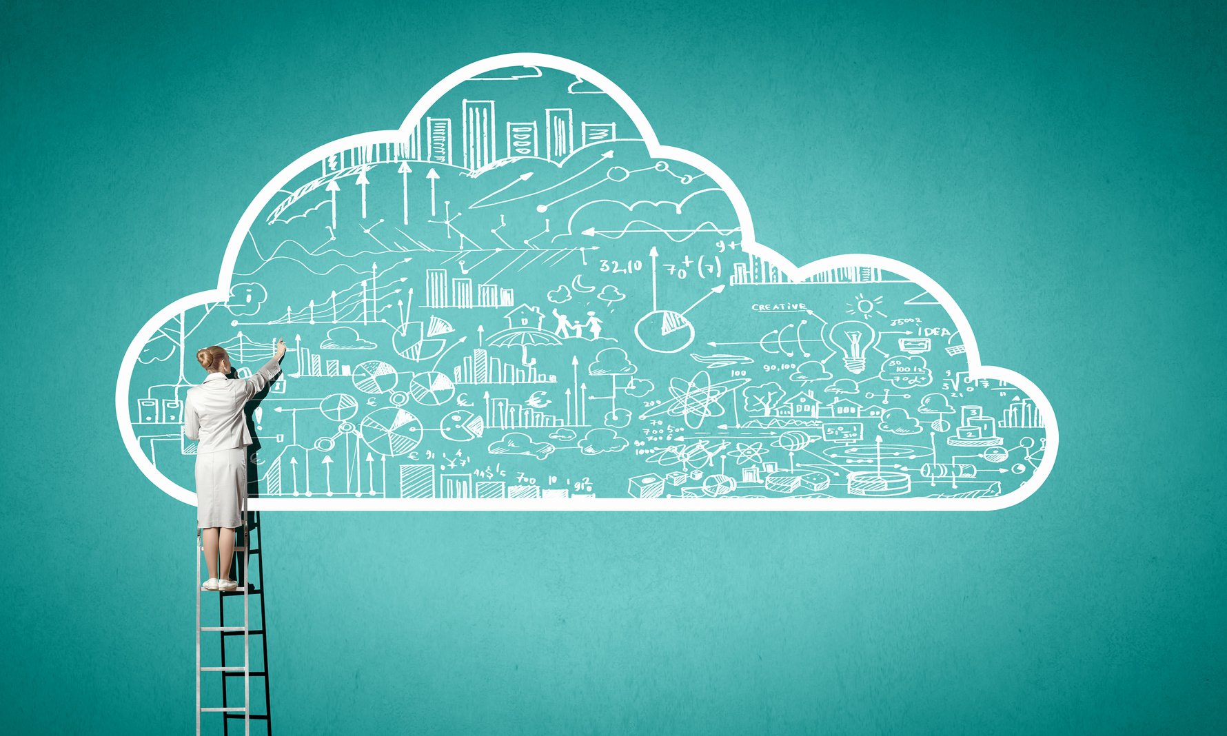 A woman on a ladder drawing on a cloud-shaped chalkboard.