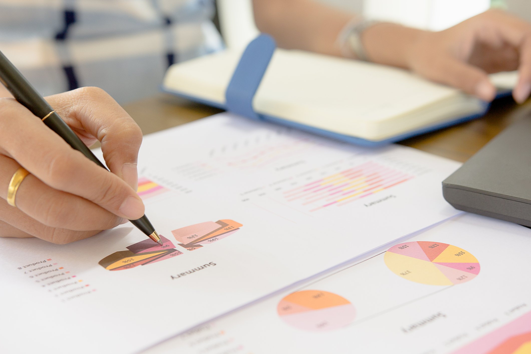 An investor checks pie charts with a pen