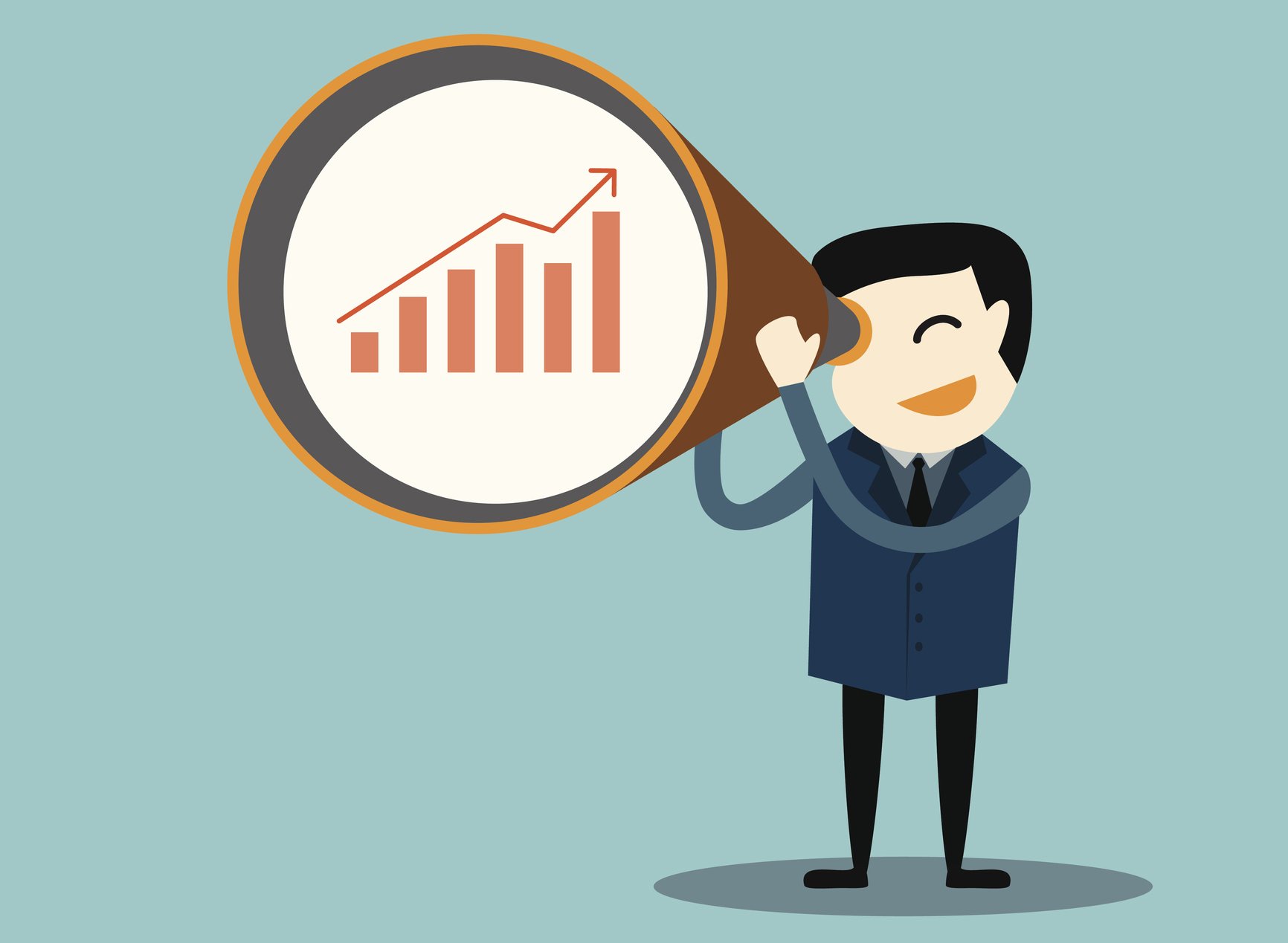 A cartoon picture of a man looking through a telescope at a graph moving upward.