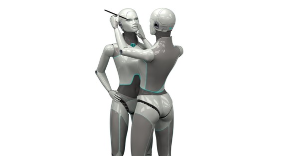One android applies makeup on another android's face.