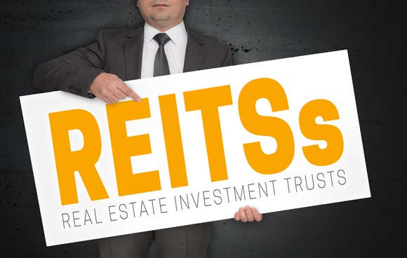A person in a suit holding a sign that says REITs.